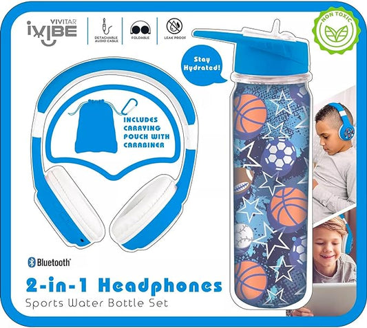 Vivitar 2-in-1 Headphones wth Floating Glitter Water Bottle Set (Includes Carrying Pouch), Blue